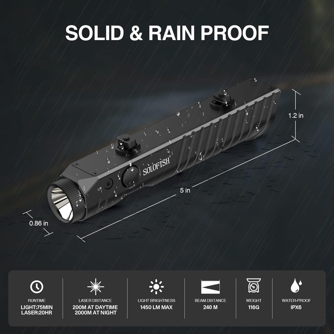 SOLOFISH 1450 Lumen Rifle Flashlight with Green Laser photo 4
